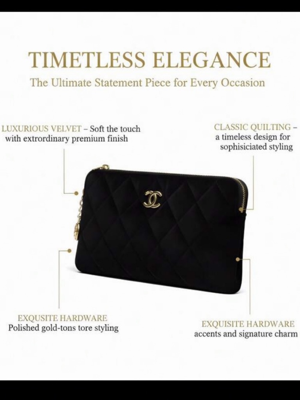 CHANEL Makeup Black Quilted Velvet Zip-Around Clutch with Gold CC Charm - Picture 4 of 9